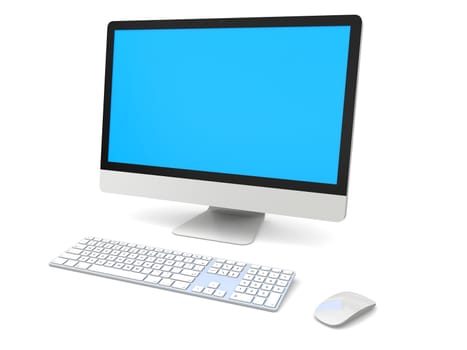 Modern desktop computer with white blank screen isolated on white background