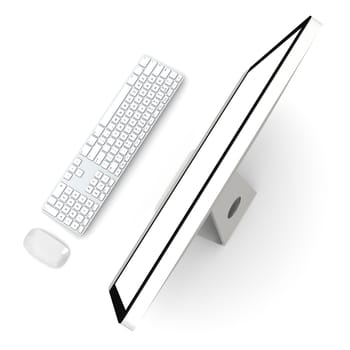 Modern desktop computer with white blank screen isolated on white background