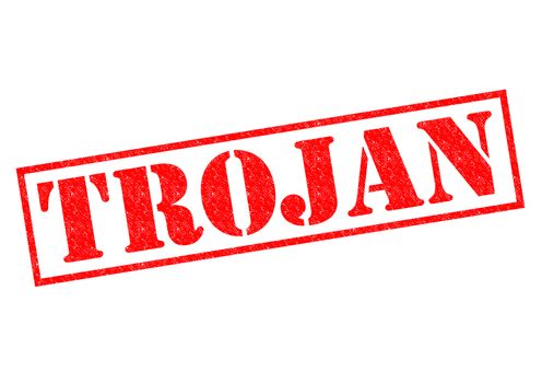 TROJAN red Rubber Stamp over a white background.