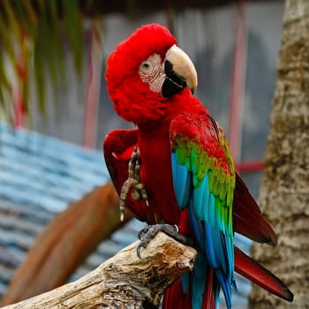 Beautiful Greenwinged Macaw aviary, sitting on the log