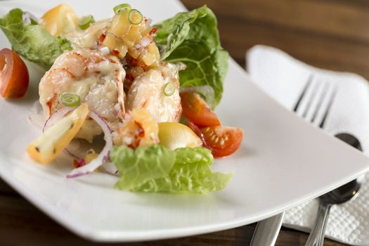 A plate of delicate creamy prawn ready to be served.