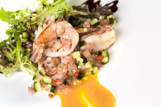 Prawn salad dish display on isolated white. 