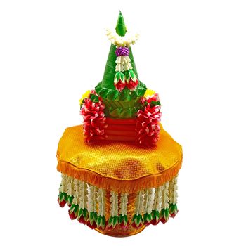 Flower decorated on tray with pedestal to be used in the ceremony to get ordained as a Buddhist monkhood