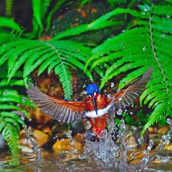 Catching fish, male Blue-eared Kingfisher (Alcedo meninting), in flight