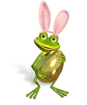 3d illustration merry green frog with a Easter Egg