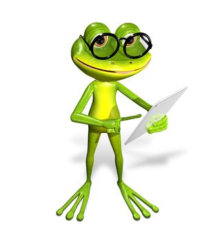 3d illustration merry green frog with a tablet