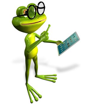 3d illustration merry green frog with a tablet