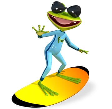 3d illustration merry green frog on a surfboard