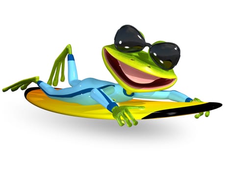 3d illustration merry green frog on a surfboard