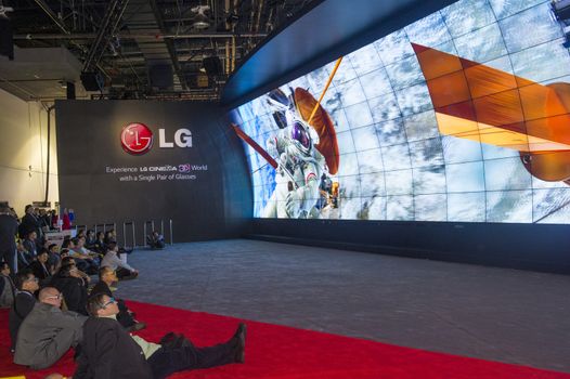 LAS VEGAS - JANUARY 10 : 3D video wall at the LG booth at the CES show held in Las Vegas on January 10 2014 , CES is the world's leading consumer-electronics show and companies from all over the world come to show their latest technologies and products. 
