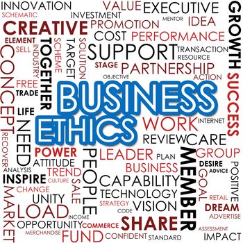 Business ethics word cloud cloud image with hi-res rendered artwork that could be used for any graphic design.