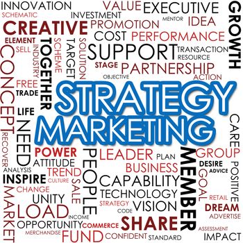 Strategy marketing word cloud image with hi-res rendered artwork that could be used for any graphic design.