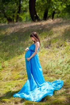 young fashion pregnant girl in a long dress