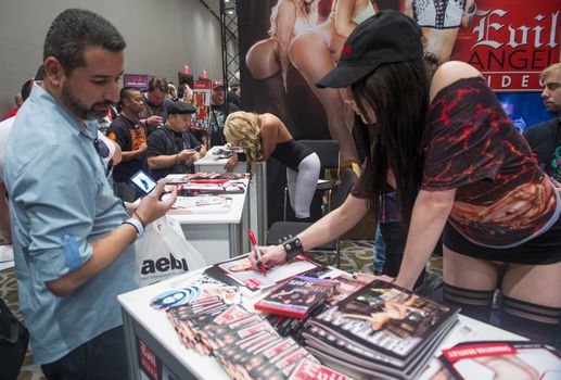 LAS VEGAS - JAN 18 : Evil Angel Porn stars gives autographs for fans at the AVN Adult Entertainment Expo on January 18 2014 in Las Vegas , Nevada