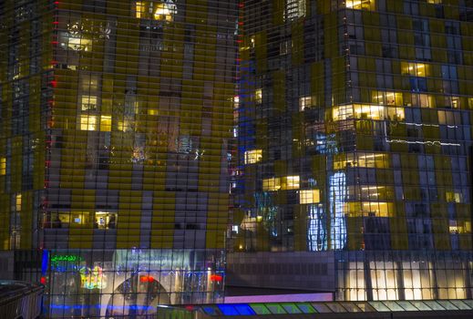 LAS VEGAS - JAN 13 : The tilted Veer Towers in Las Vegas on January 13 2014. Veer Towers are twin 37-story, 480-foot , residential towers located within CityCenter on the Las Vegas Strip