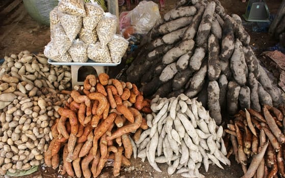 Pile of manioc, white and purple yams for sale at market