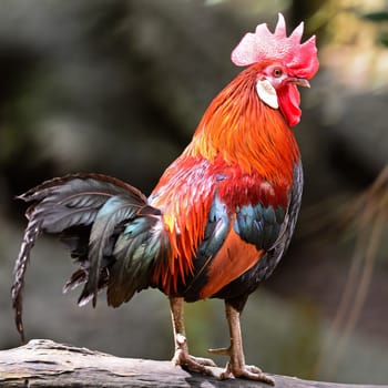 Oudstanding male Red Junglefowl (Gallus gallus), standing on the log