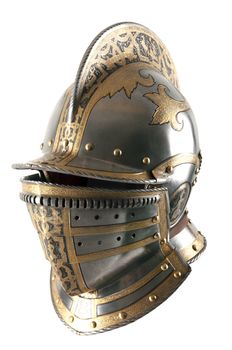 Iron helmet of the medieval knight. Very heavy headdress