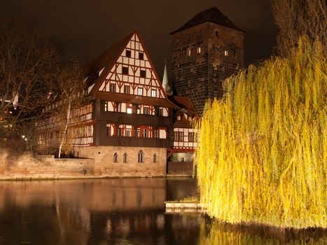 Nuremberg night scene at the river (Germany)