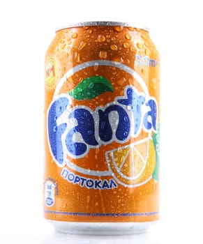 AYTOS, BULGARIA - MARCH 14, 2014: Fanta can isolated on white background. Fanta is a carbonated soft drink sold in stores, restaurants, and vending machines throughout the world.