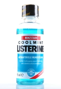 AYTOS, BULGARIA - MARCH 14, 2014: Listerine isolated on white background. Listerine is a brand of antiseptic mouthwash product.