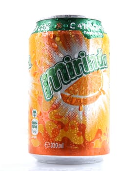AYTOS, BULGARIA - MARCH 14, 2014: Mirinda isolated on white background. Mirinda is a brand of soft drink originally created in Spain, with global distribution.