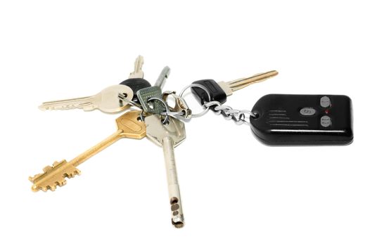 keys and security alarm remote control on keyring isolated on white