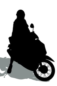 Silhouette of a man on a motorcycle with shadow, isolated on white background.