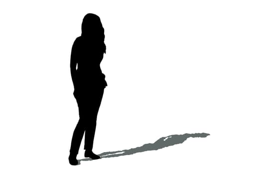 Woman silhouette with shadow standing alone. Isolated on white background.