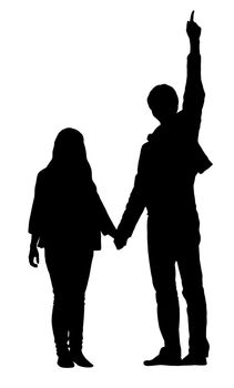 Silhouettes of men and women holding hands, isolated on white background.
