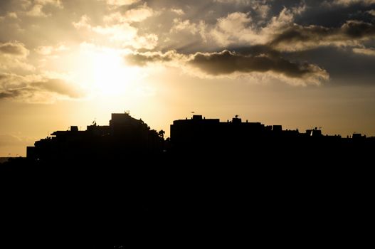 Colorful Sunset over a Town in Canarian Tenerife Island Spain