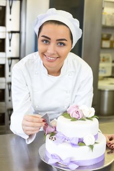 Baker or confectioner writes something on a cake with food colouring