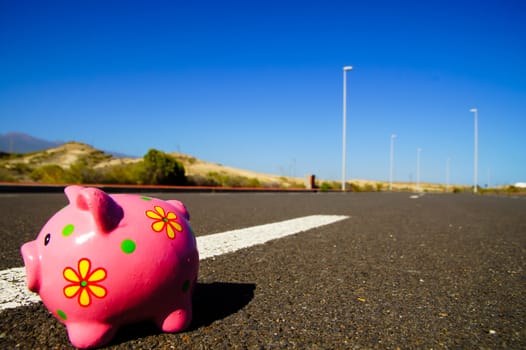 Pink Piggy Bank on the Asphalt Street