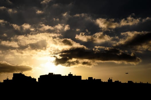 Colorful Sunset over a Town in Canarian Tenerife Island Spain