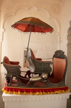 Palanquin on display at Mehrangarh Fort museum, Jodhpur, Rajasthan, India