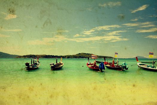 Vintage style, Tropical beach and Long Tail Boats, Phuket South of Thailand
