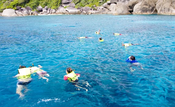 Snorkeling in clean water over coral reef, in Similan Island Phangnga South of Thailand 