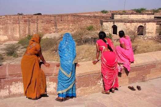 Indian women standing at Mehrangarh Fort, Jodhpur, Rajasthan, India