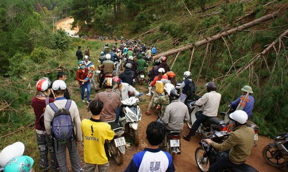 LAM DONG, VIET NAM- NOVEMBER 28: Crowd of people wear helmets ride motorbike wait on mountain pass because traffic jam, cause is pine tree collapsed across the road in Lam Dong, VietNam, Nov 28, 2013