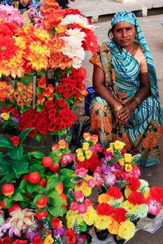 Indian woman selling flowers, Sadar Market, Jodhpur, Rajasthan, India