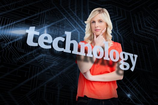The word technology and teenager standing upright thoughtfully with her fingers on her chin against futuristic black and blue background