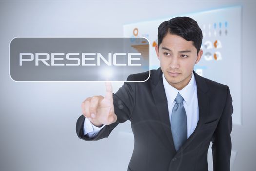 The word presence and unsmiling asian businessman pointing against technology interface