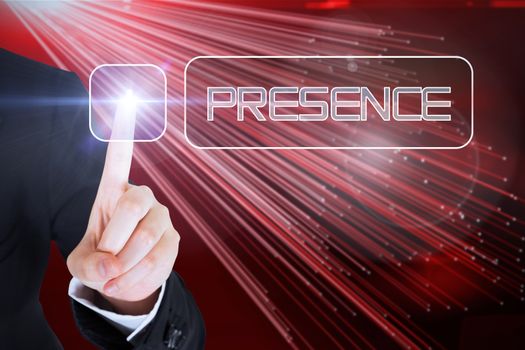 Businesswomans finger touching presence button against abstract technology background