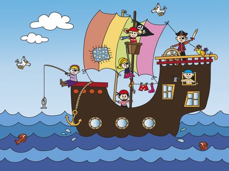 illustration of pirate ship with funny children