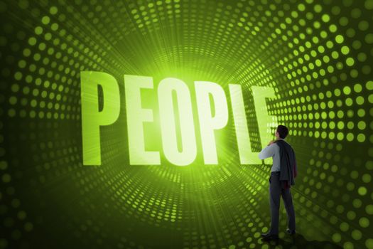 The word people and businessman holding his jacket against green pixel spiral