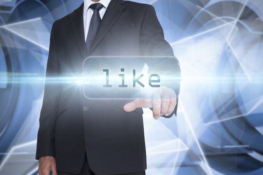 The word like and businessman pointing against white abstract angular design