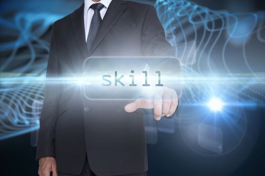 The word skill and businessman pointing against abstract glowing black background