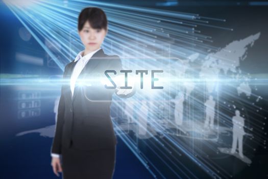 The word site and focused businesswoman pointing against abstract technology background