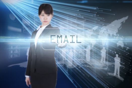 The word email and focused businesswoman pointing against abstract technology background
