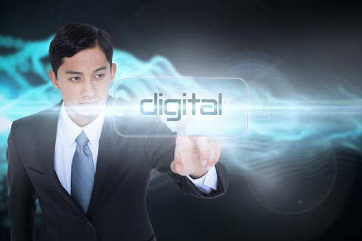 The word digital and unsmiling asian businessman pointing against abstract blue glowing black background